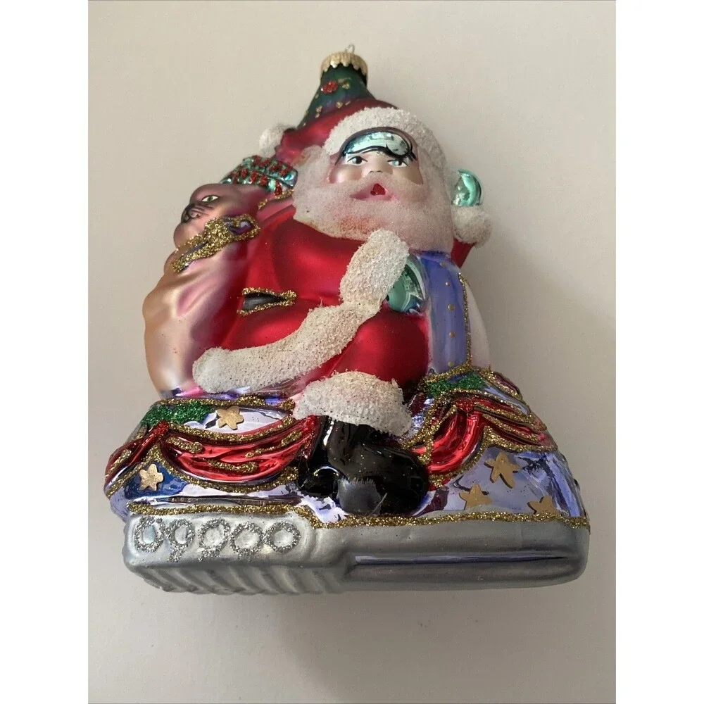 KREBS Lauscha Glas Santa On Snowmobile With Cat Christmas Ornament Original Box
